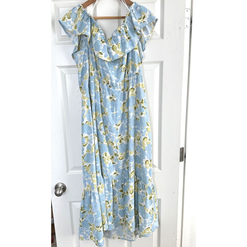 Adore Me Celine Dress Womens 2XL Blue Citron Ruffle Flowing Boho Midi New - Picture 2 of 4